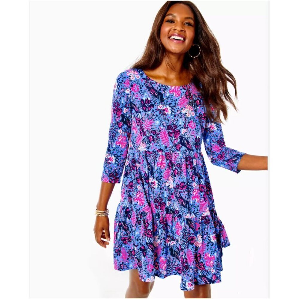 Lilly Pulitzer Geanna Floral Mini Dress 3/4 Sleeve Blue Floral Size Large